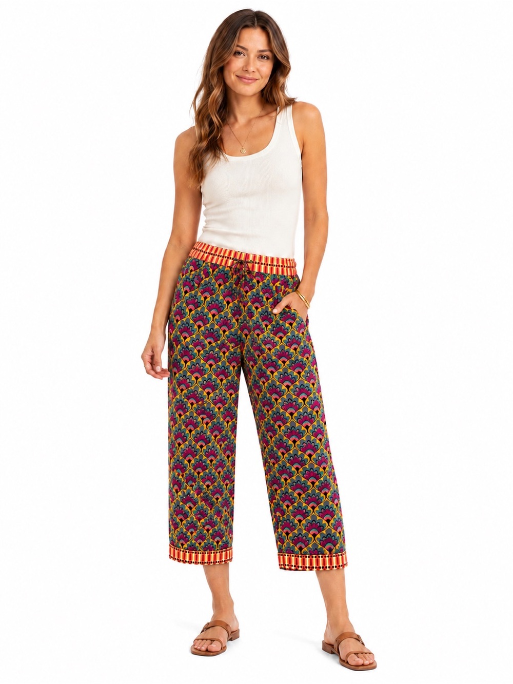 Sundance Boho Lounge Crop Pants Large 100% Cotton Festival Resort Cottagecore
